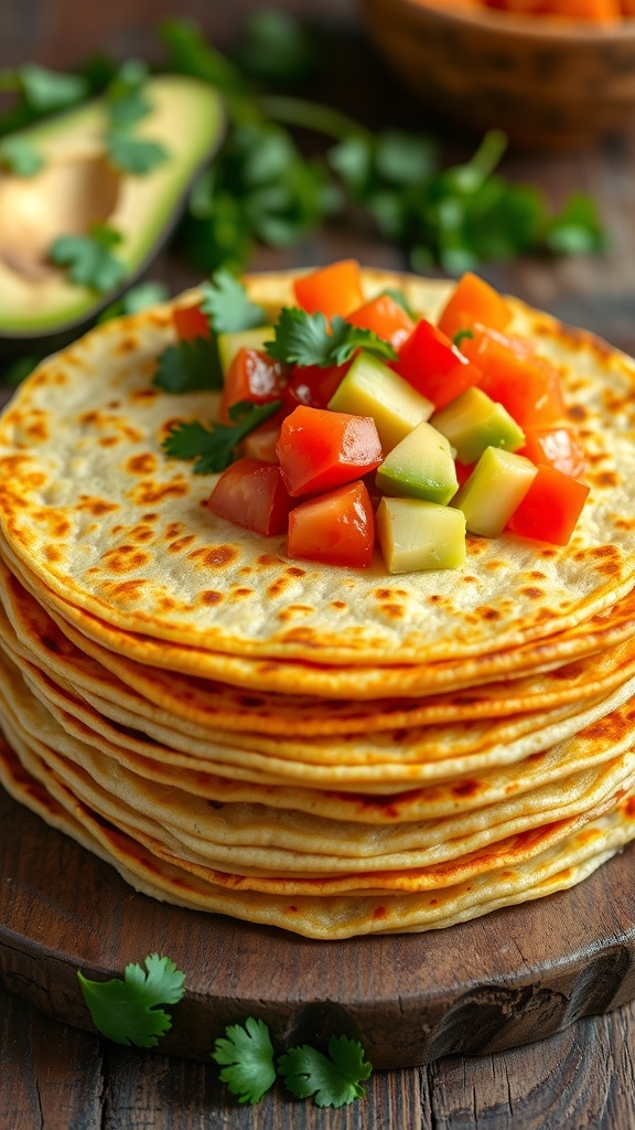 Freshly made Honduran corn tortillas stacked on a wooden table with toppings.